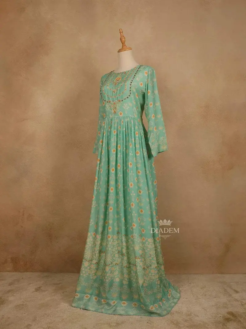 Teal Green Cotton Long Kurti Top Adorned With Sequins And Flower Design Prints Without Dupatta 2