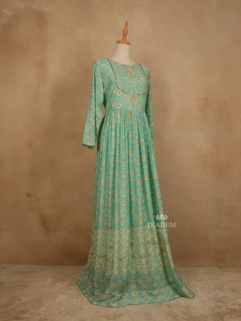 Teal Green Cotton Long Kurti Top Adorned With Sequins And Flower Design Prints Without Dupatta 3