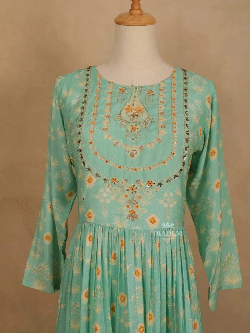 Teal Green Cotton Long Kurti Top Adorned With Sequins And Flower Design Prints Without Dupatta 4