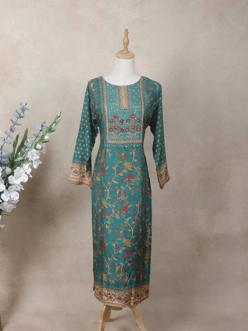 Teal Green Crepe Kurti Top Adorned With Sequins With Floral Prints 1