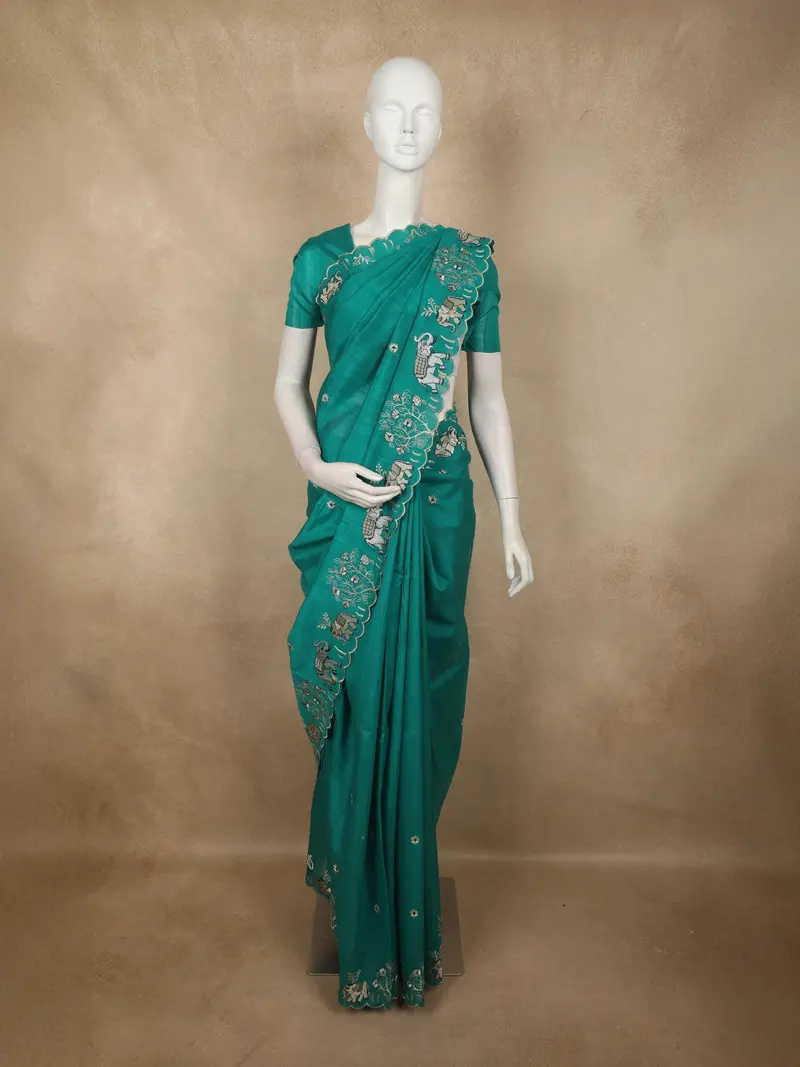 Teal Green Elephant Thread Embroidered Design Pure Tussar Saree With Scalloped Border 1