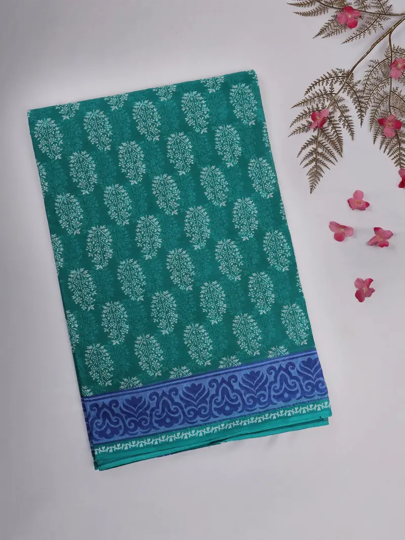 Teal Green Floral And Leaf Printed Karishma Cotton Saree With Blue Ornamental Border 1