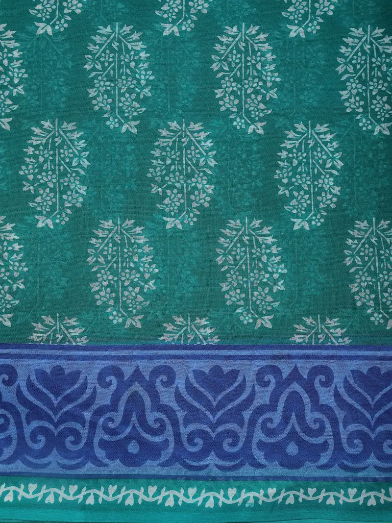 Teal Green Floral And Leaf Printed Karishma Cotton Saree With Blue Ornamental Border 2
