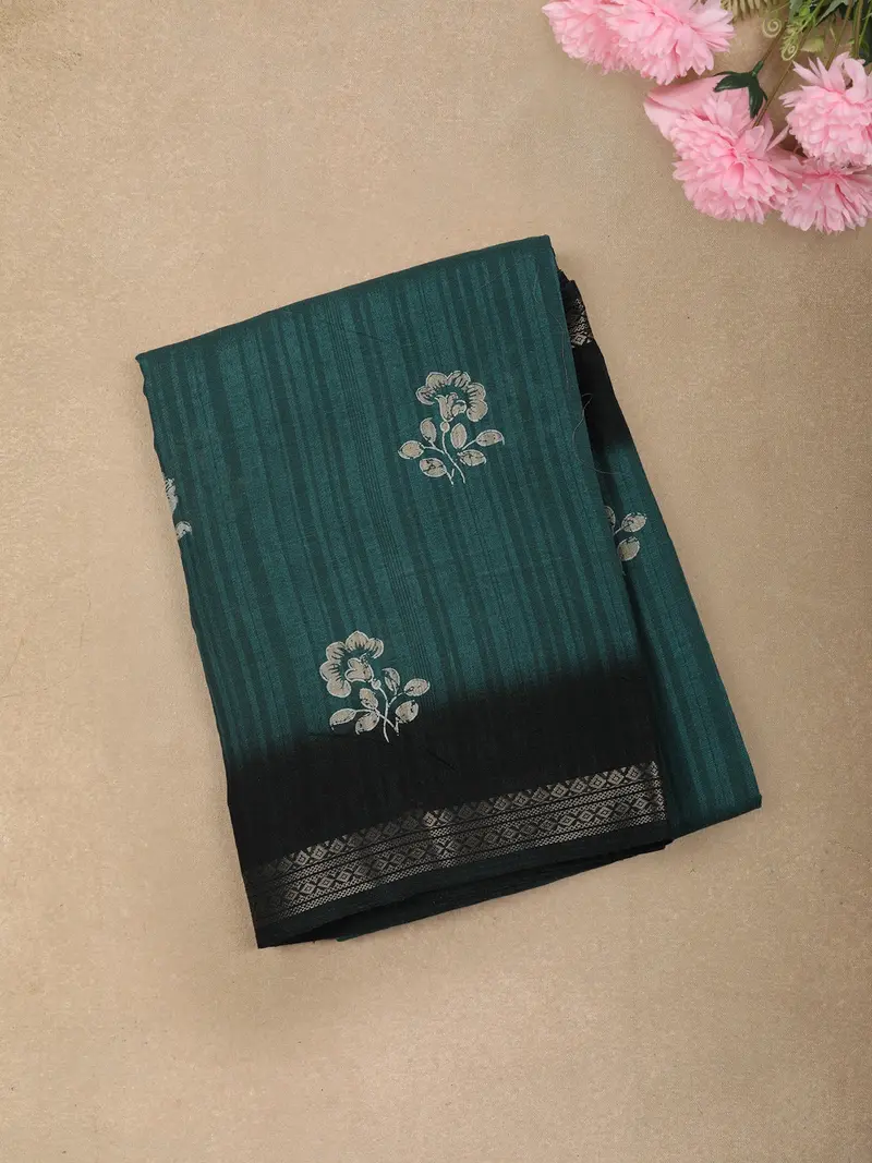 Teal Green Floral Butta Printed Design Crepe Casual Wear Saree 1