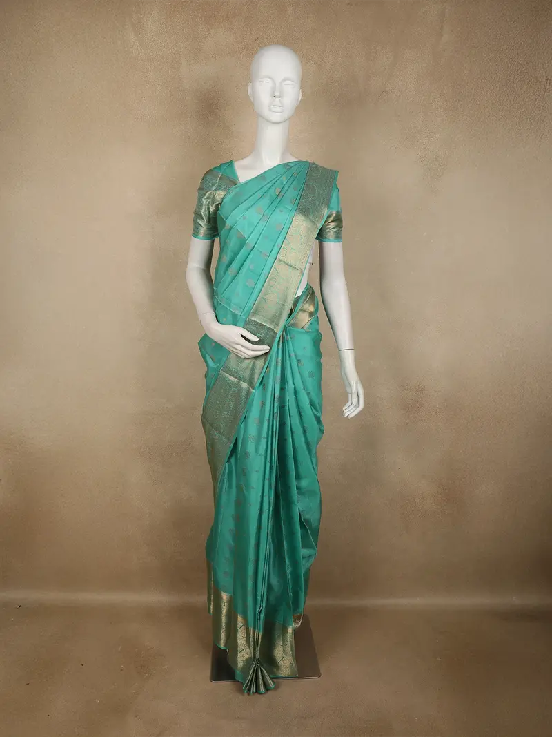 Teal Green Floral Butta Woven Design Pure Kanchipuram Silk Saree With Zari Border 1