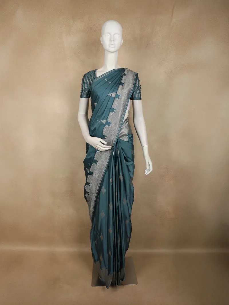 Teal Green Floral Butta Zari Woven Design Pure Banarasi Silk Saree 1