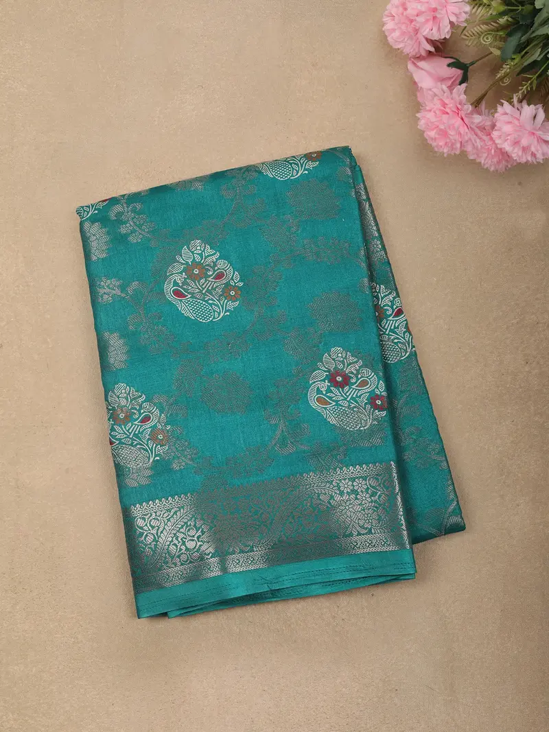 Teal Green Floral Butta Zari Woven Design Semi Silk Saree With Ornamental Border 1