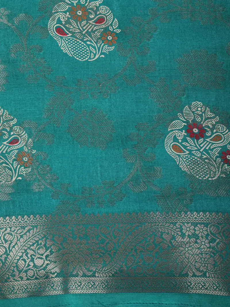 Teal Green Floral Butta Zari Woven Design Semi Silk Saree With Ornamental Border 2