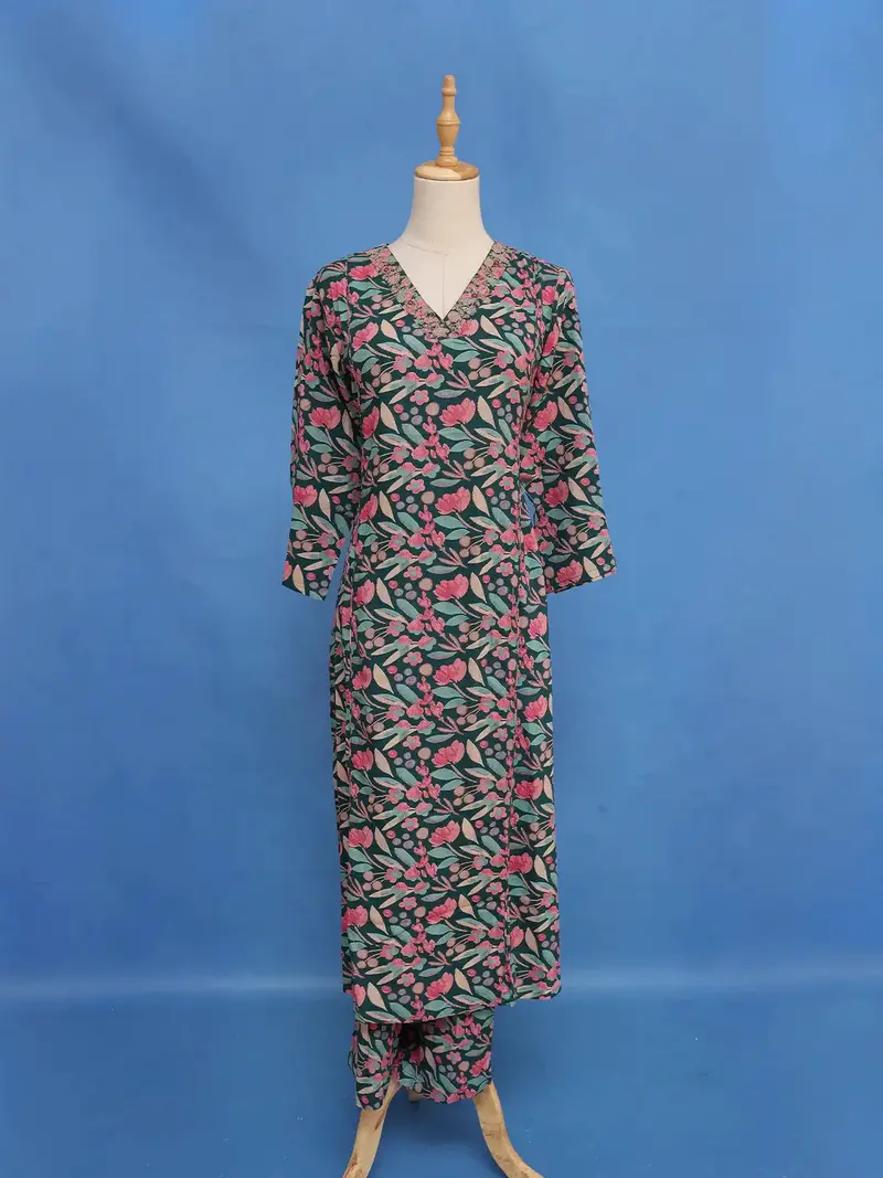Teal Green Floral Design Chiffon Straight Cut Salwar Suit 1