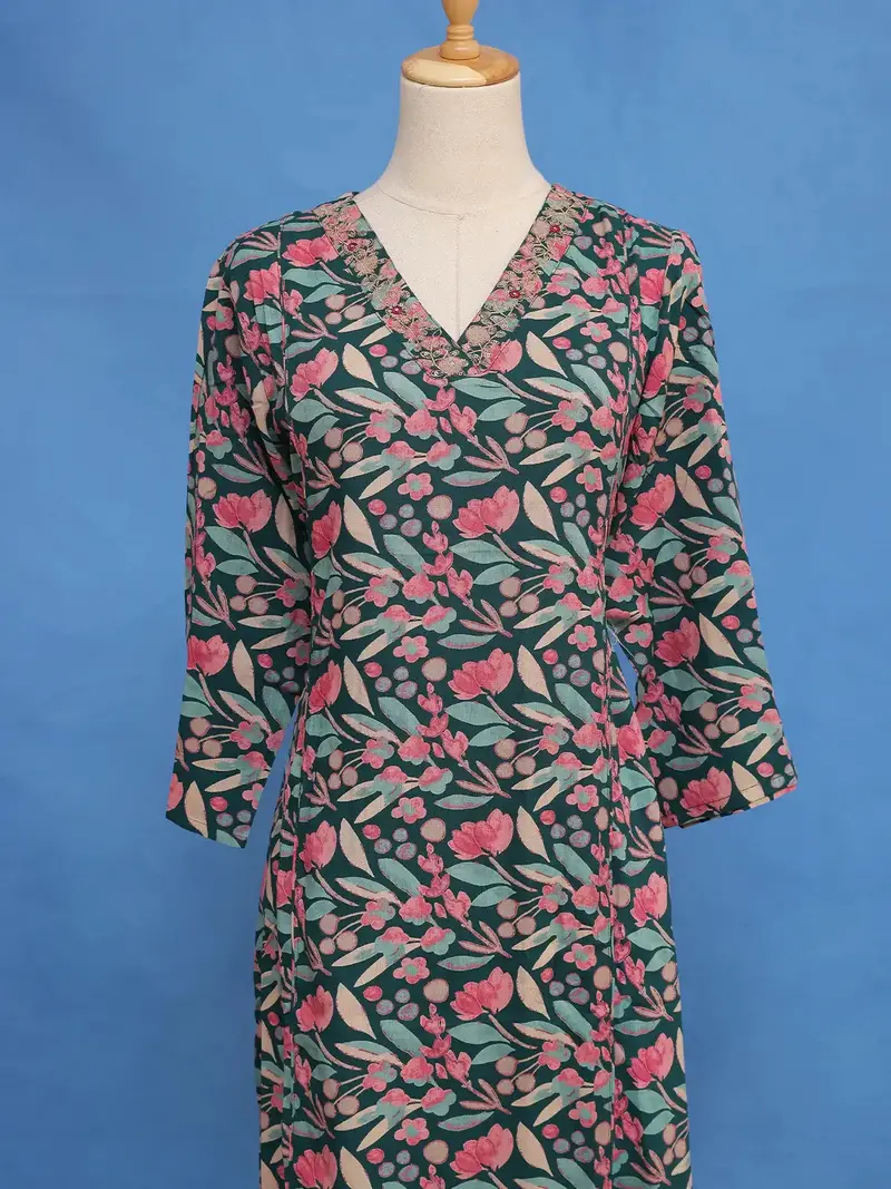 Teal Green Floral Design Chiffon Straight Cut Salwar Suit 2