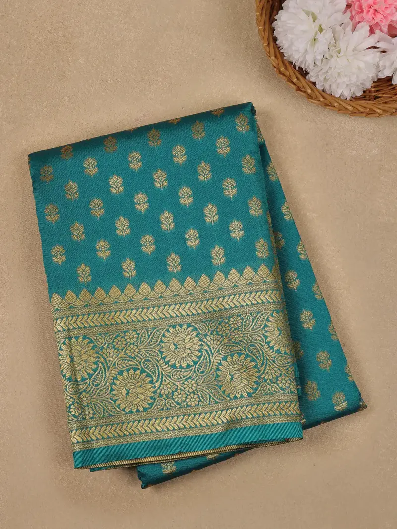 Teal Green  Floral Design Silk Saree 1