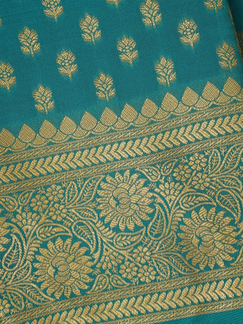 Teal Green Floral Design Silk Saree 2