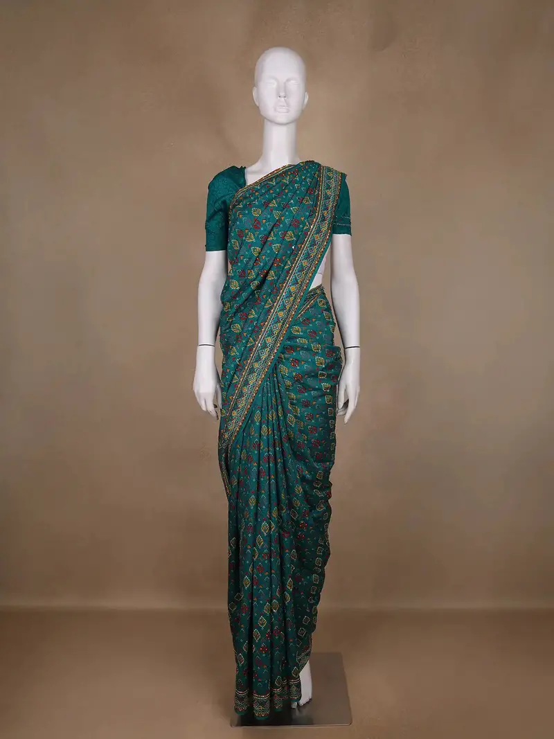 Teal Green Floral Designed Chanderi Cotton Saree 1