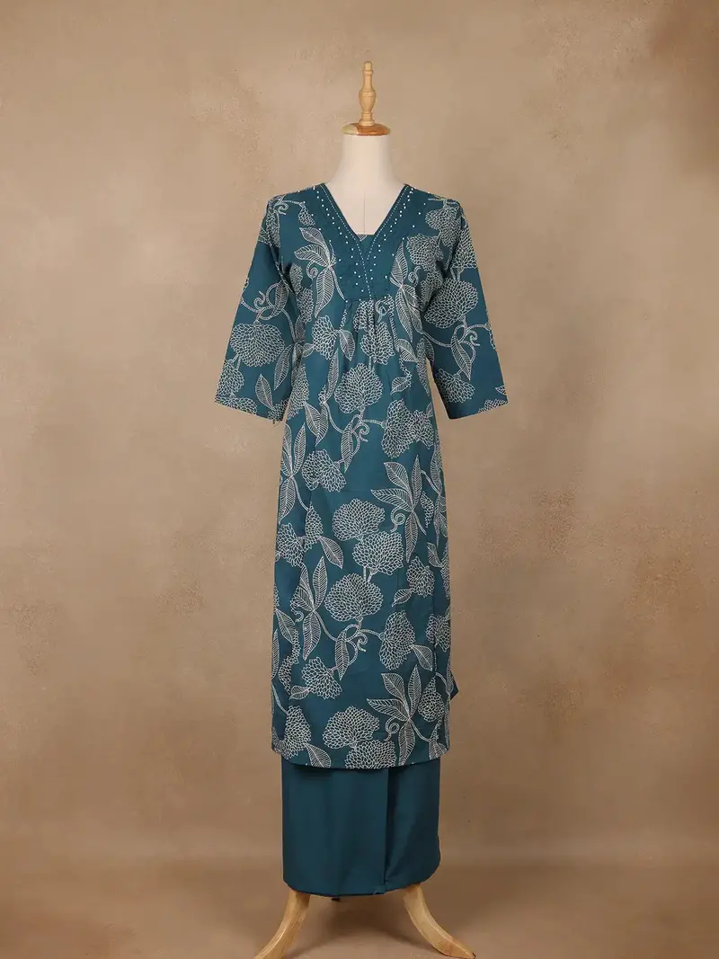 Teal Green Floral Designed Cotton Salwar Suit 1