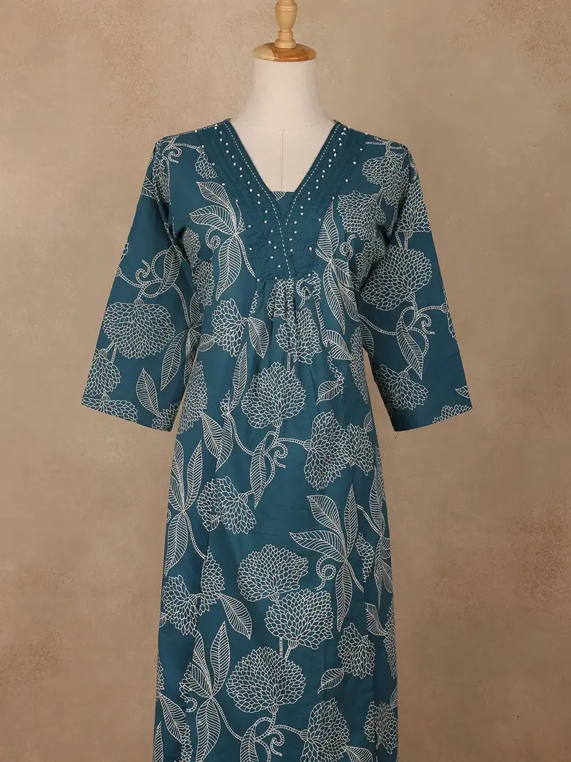 Teal Green Floral Designed Cotton Salwar Suit 2