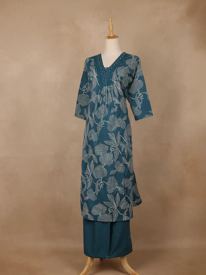 Teal Green Floral Designed Cotton Salwar Suit 3
