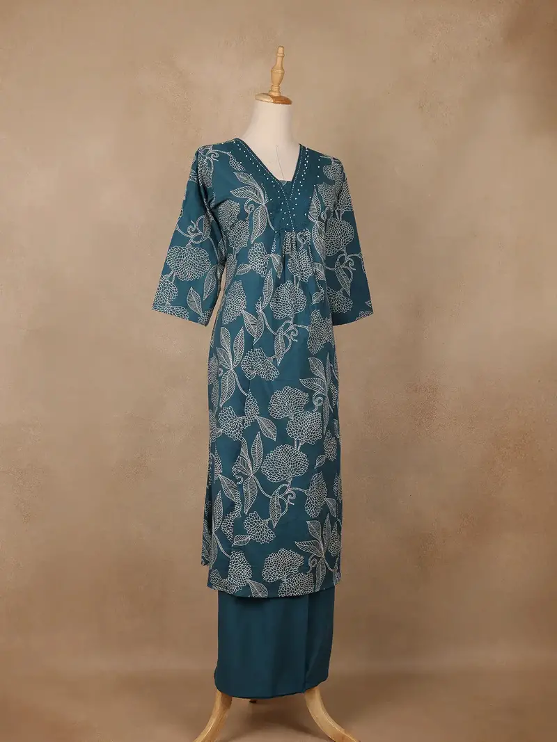 Teal Green Floral Designed Cotton Salwar Suit 4
