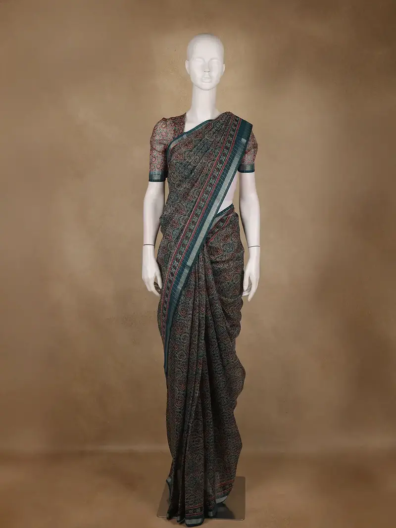 Teal Green Floral Designed Cotton Saree 1