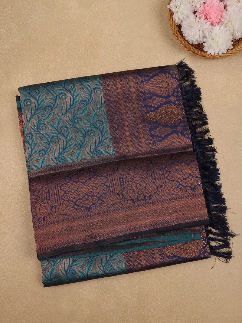 Teal Green Floral Designed Soft Silk Saree 1