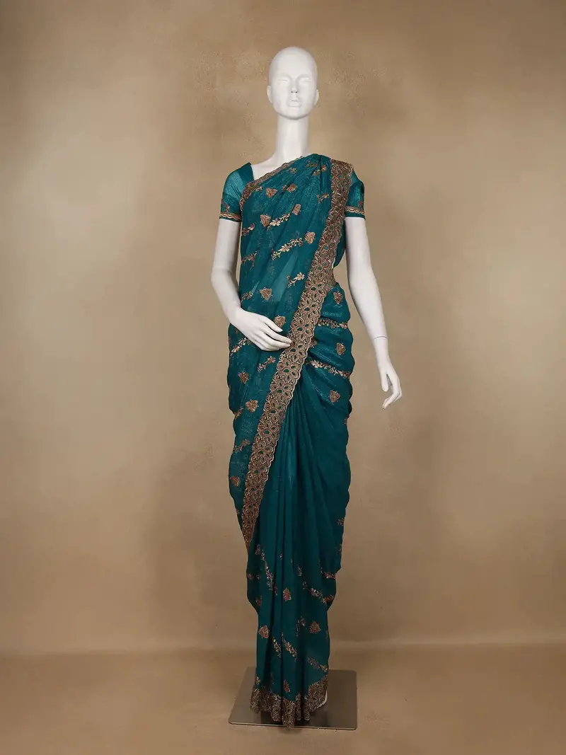 Teal Green Floral Embellished Chiffon Saree 1