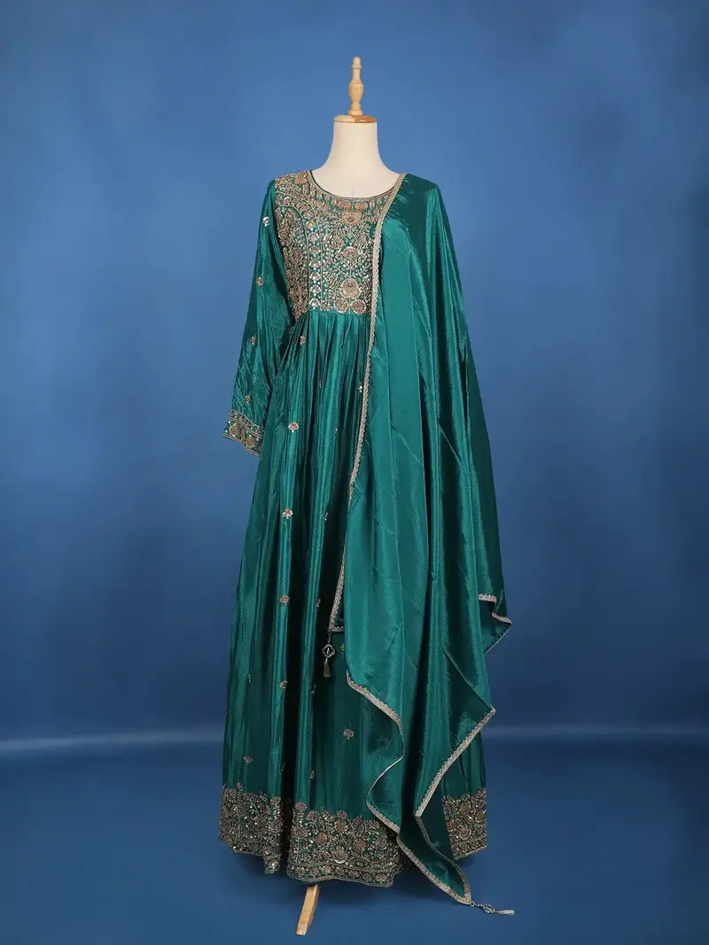 Teal Green Floral Embroidered Design Georgette Gown 1