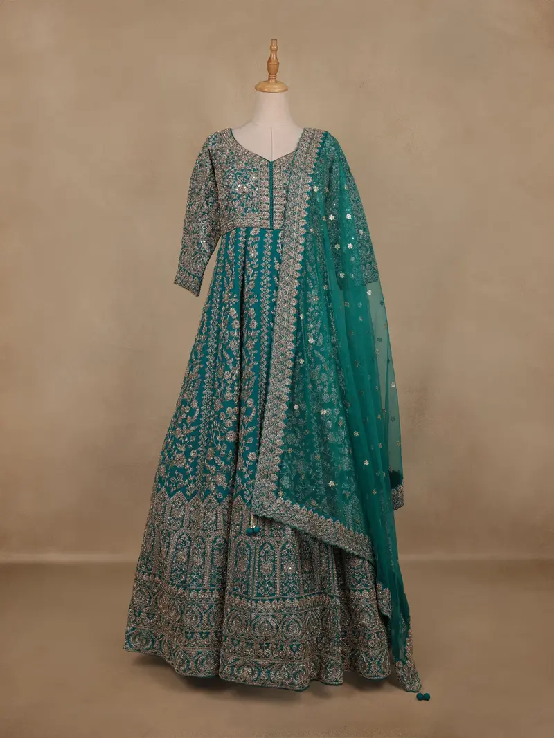 Teal Green Floral Embroidered Design Net Gown 1