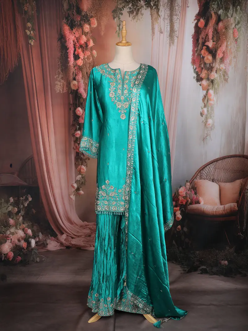 Teal Green Floral Embroidered Design Satin Palazzo Suit With Dupatta 1