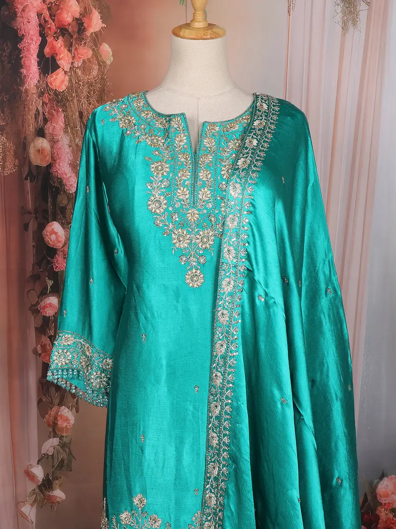 Teal Green Floral Embroidered Design Satin Palazzo Suit With Dupatta 2