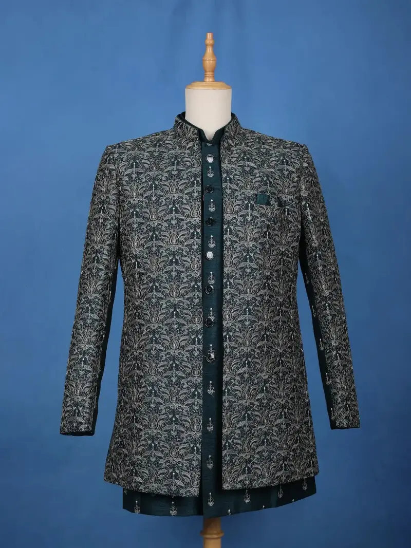 Teal Green Floral Embroidered Jacquard Sherwani Suit 1
