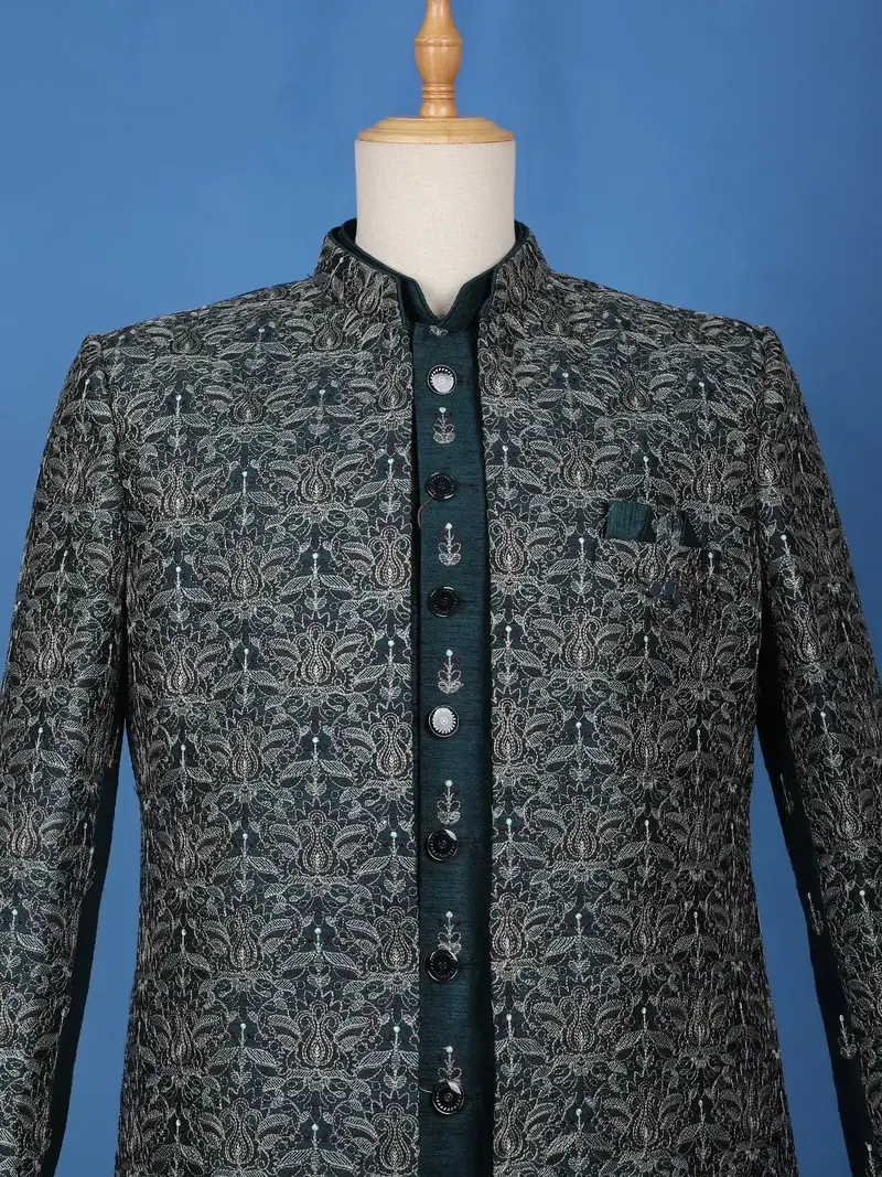 Teal Green Floral Embroidered Jacquard Sherwani Suit 2