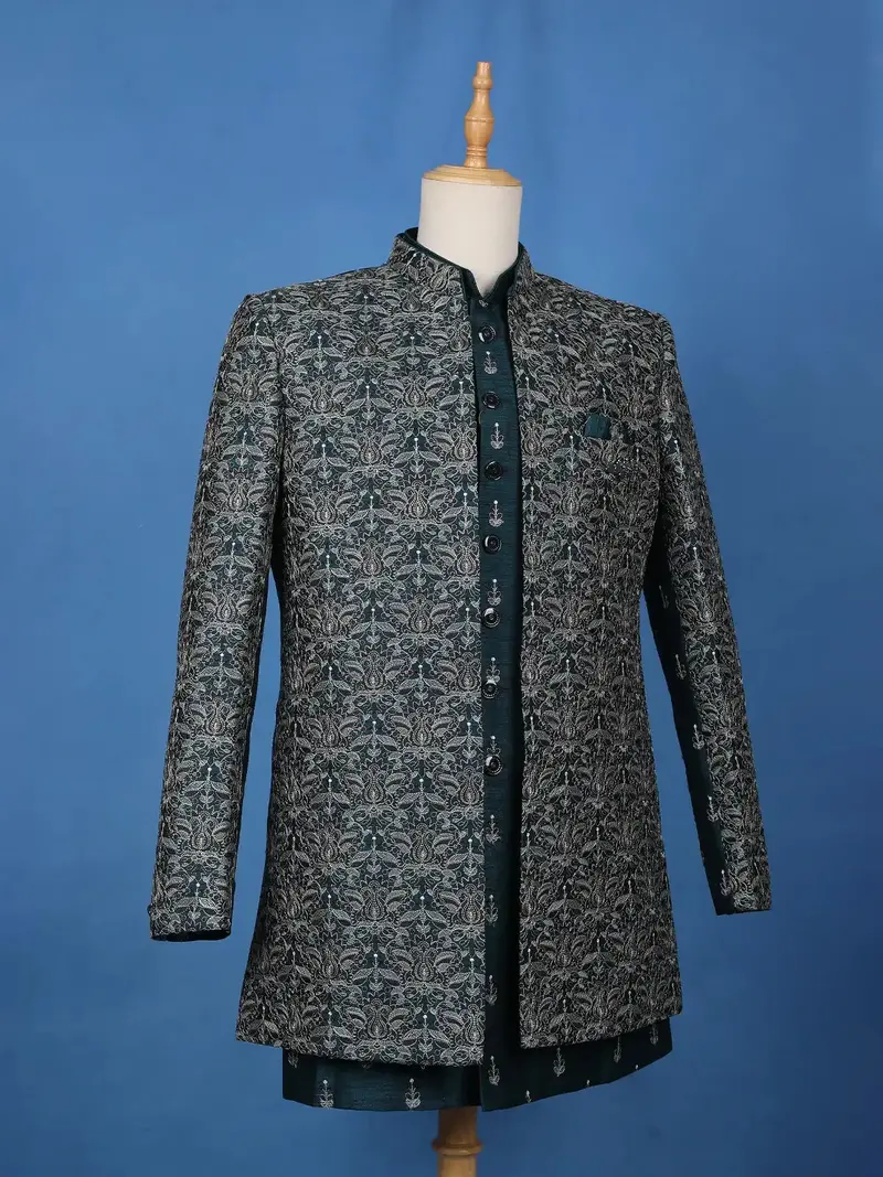 Teal Green Floral Embroidered Jacquard Sherwani Suit 3