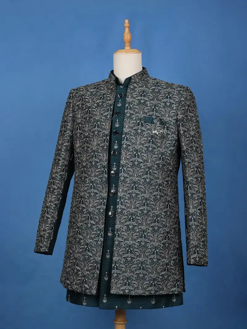 Teal Green Floral Embroidered Jacquard Sherwani Suit 4