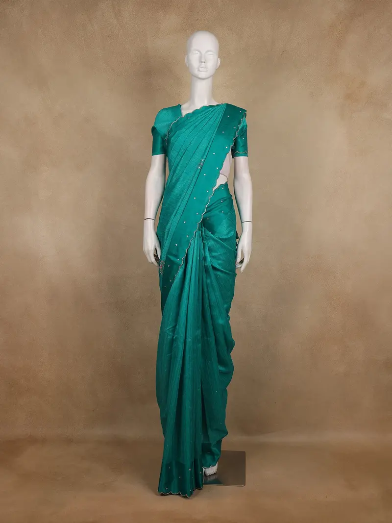 Teal Green Floral Embroidered Raw Silk Saree 1