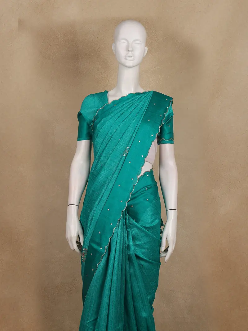 Teal Green Floral Embroidered Raw Silk Saree 2