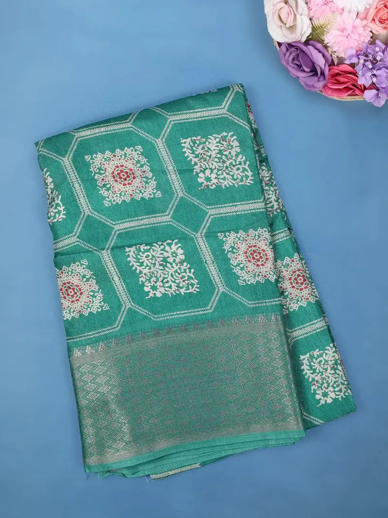 Teal Green Floral Hexagonal Printed Cotton Saree 1