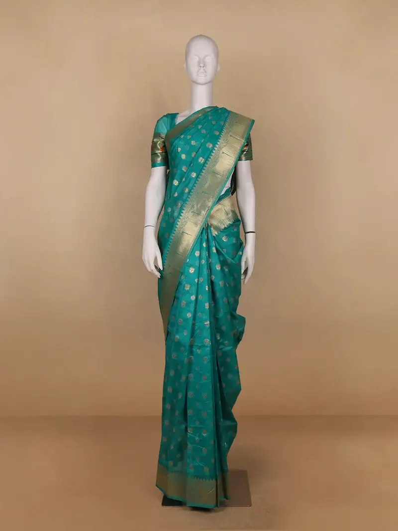 Teal Green Floral Motifs Zari Weaving Soft Silk Saree 1