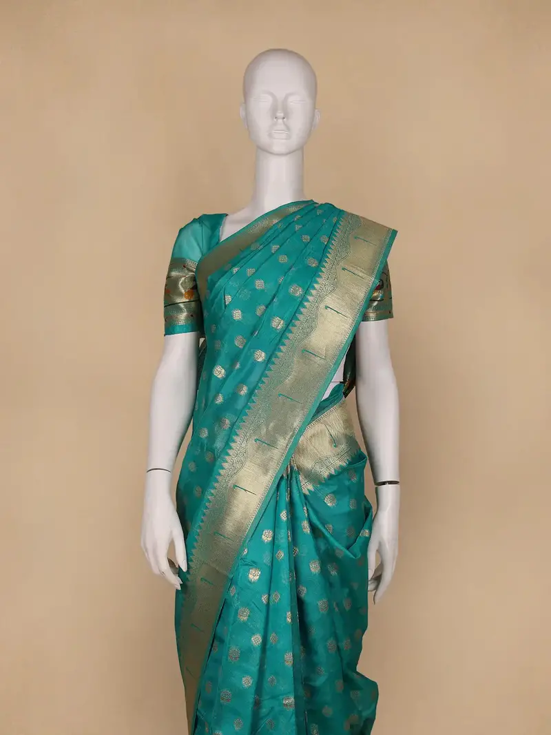 Teal Green Floral Motifs Zari Weaving Soft Silk Saree 2
