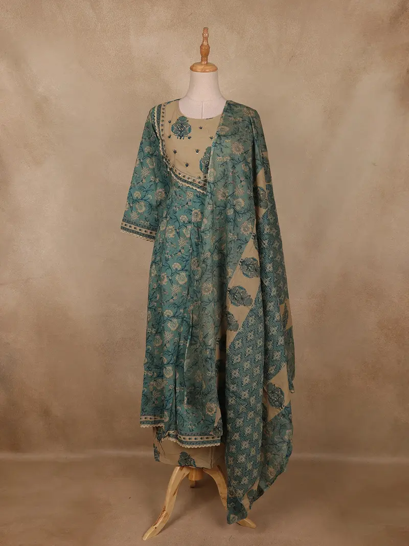 Teal Green Floral Printed Cotton Salwar Suit With Dupatta 1