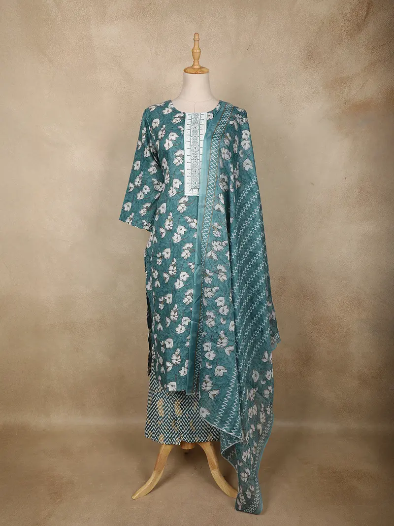 Teal Green Floral Printed Cotton Straight Cut Salwar Suit With Dupatta 1
