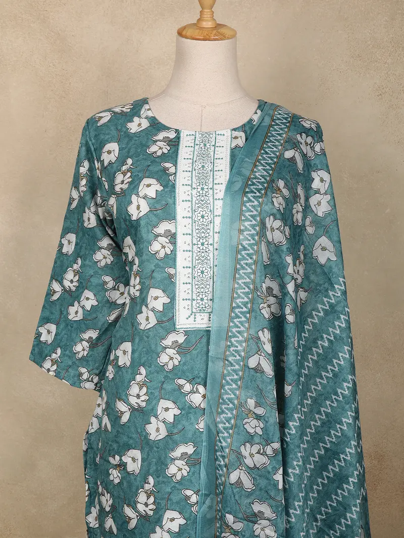 Teal Green Floral Printed Cotton Straight Cut Salwar Suit With Dupatta 2
