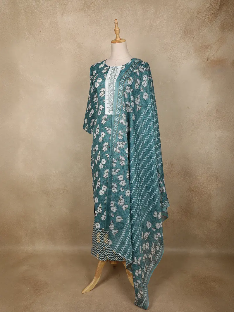Teal Green Floral Printed Cotton Straight Cut Salwar Suit With Dupatta 3
