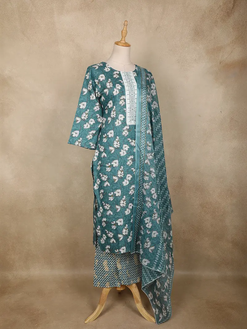 Teal Green Floral Printed Cotton Straight Cut Salwar Suit With Dupatta 4