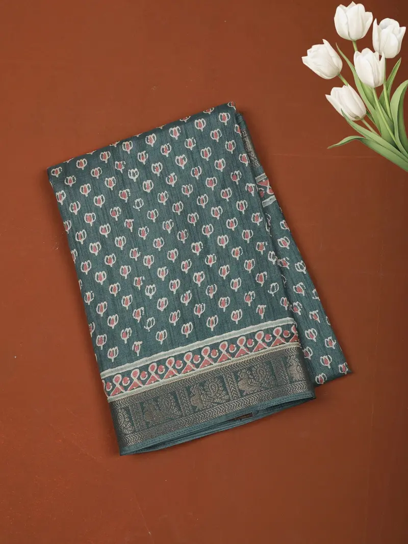 Teal Green Floral Printed Design Chiffon Casual Saree With Zari Border 1