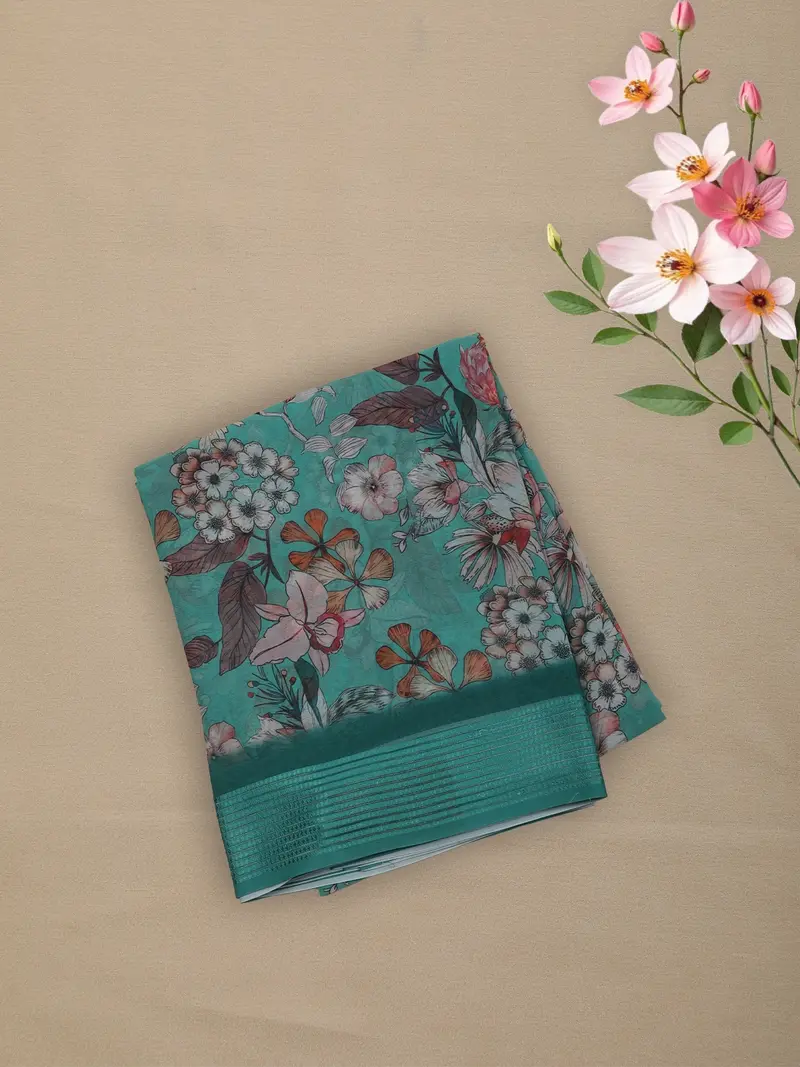 Teal Green Floral Printed Design Chiffon Saree 1