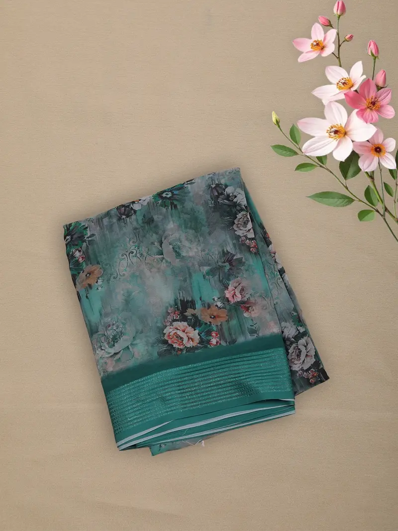 Teal Green Floral Printed Design Chiffon Saree 1