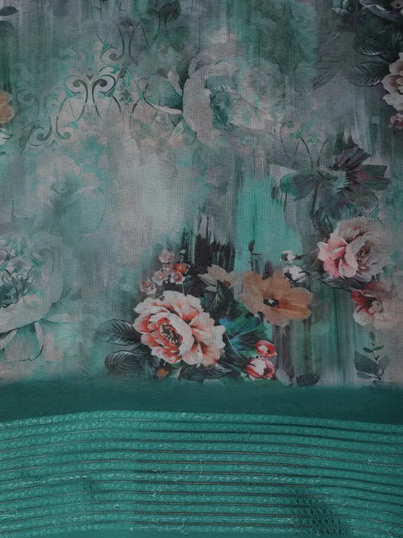 Teal Green Floral Printed Design Chiffon Saree 2