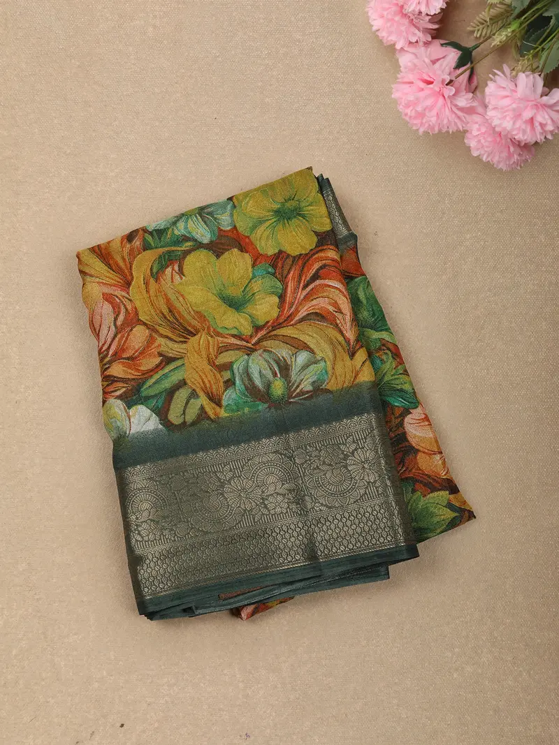 Teal Green Floral Printed Design Crepe Silk Casual Wear Saree With Contrast Zari Border 1
