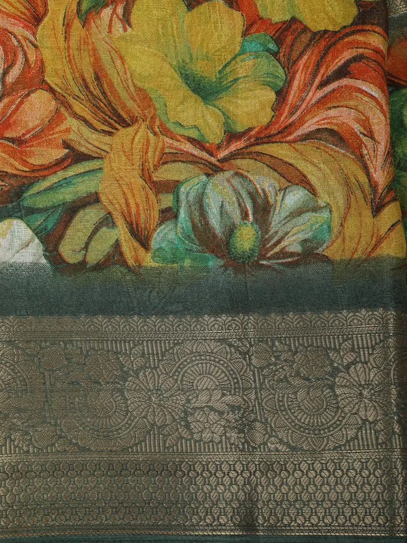 Teal Green Floral Printed Design Crepe Silk Casual Wear Saree With Contrast Zari Border 2