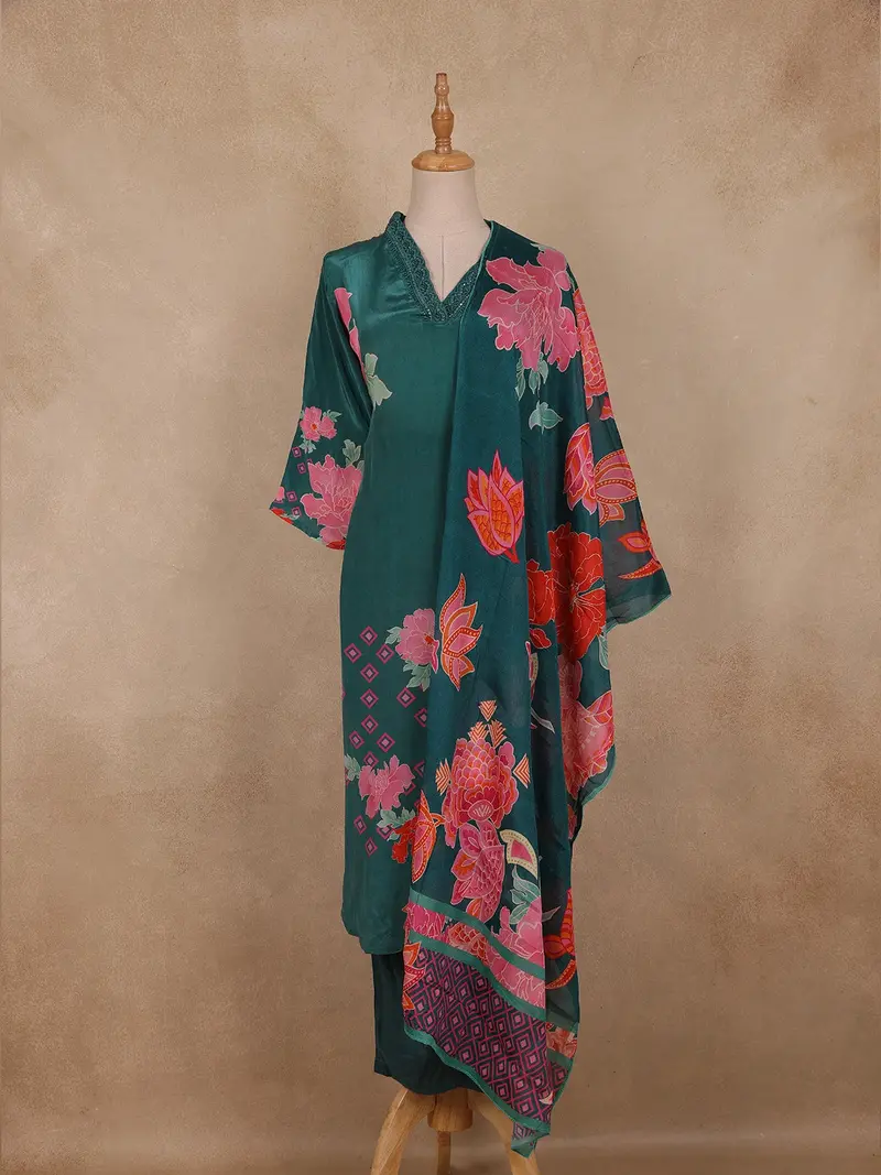 Teal Green Floral Printed Design Crepe Straight Cut Salwar Suit 1