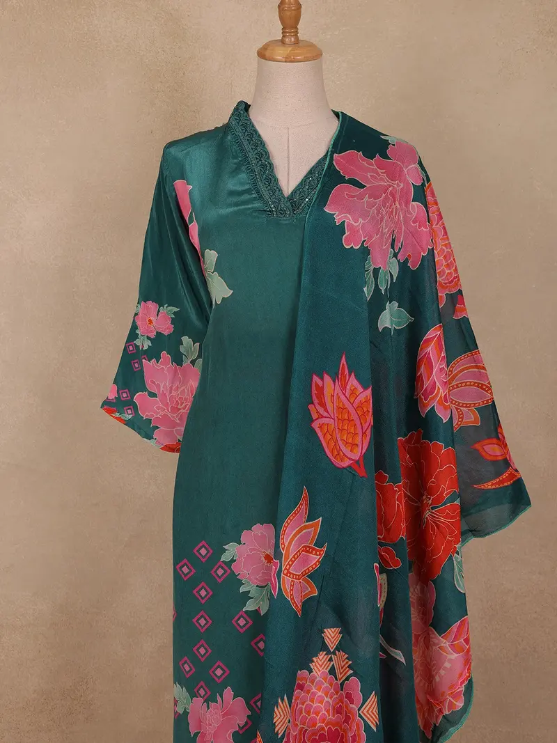 Teal Green Floral Printed Design Crepe Straight Cut Salwar Suit 2